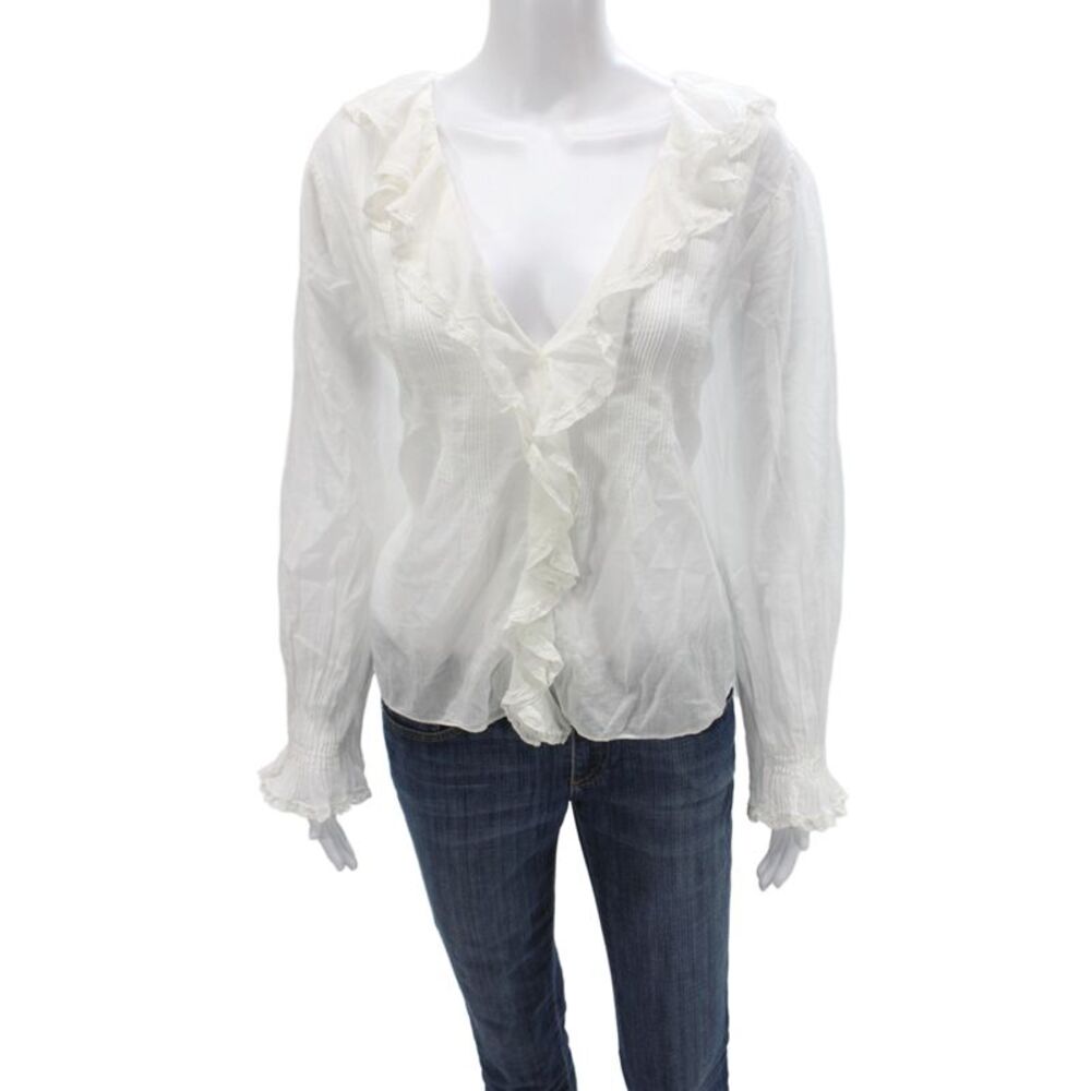 Doen Women White Organic Cotton V Neck Long Sleeve Blouse Button Size XL